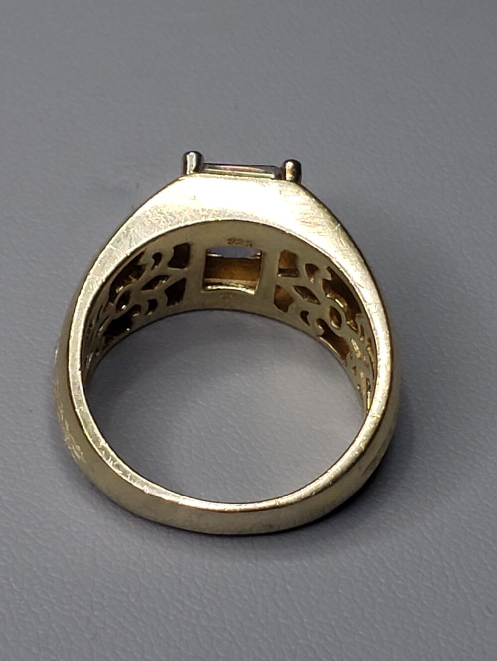 Gold Over Sterling Tank Ring with Blue-Purple Emerald Cut Sapphire And Diamonds - Picture 3 of 3